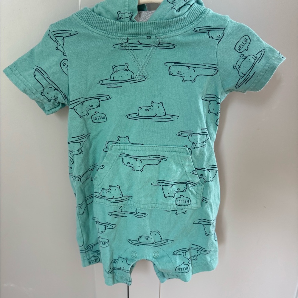 Carter’s - Turquoise Hippo Print Hooded Baby Romper (6m)